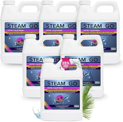 Steam &amp; Go Deminerilized Water - Multi-Surface Cleaner for Steam Cleaners, Hardwood Floors, Kitchens, &amp; Bathrooms - Germ-Killing Formula - Hotel California Scent - 32 Ounces (Pack of 6)