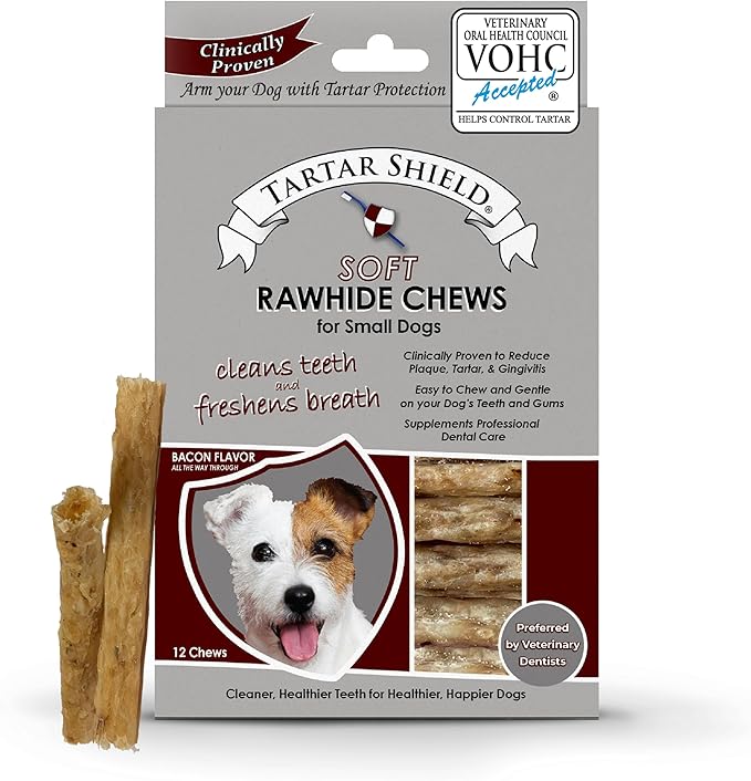 Tartar Shield Soft Rawhide Chews | Safe Dental Treats for Small Dogs | Vet VOHC Approved | Daily Bone Cleans Teeth &amp; Gums Fresh Breath Oral Health Support | USA Made | (Small Dogs / 12 Count)