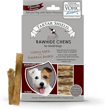 Tartar Shield Soft Rawhide Chews | Safe Dental Treats for Small Dogs | Vet VOHC Approved | Daily Bone Cleans Teeth &amp; Gums Fresh Breath Oral Health Support | USA Made | (Small Dogs / 12 Count)