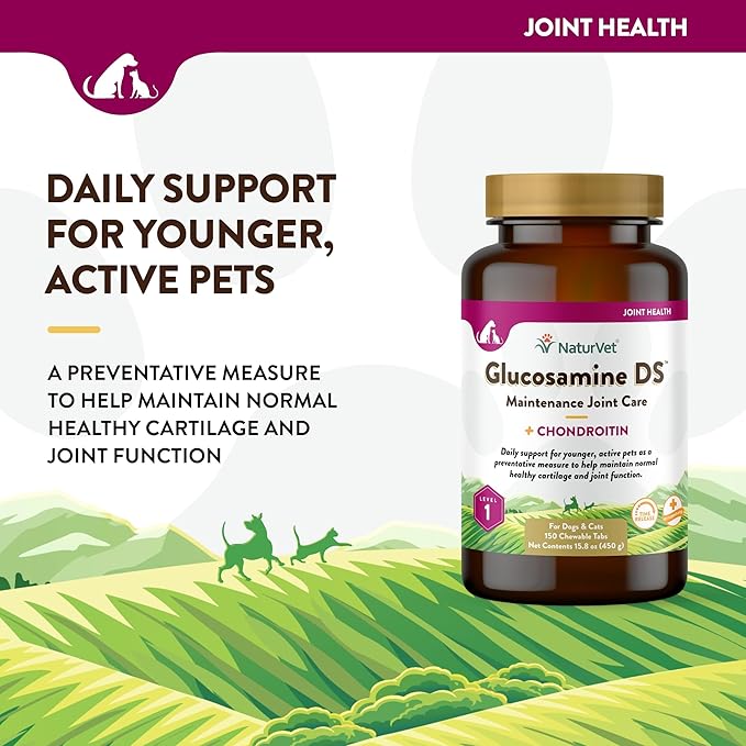 NaturVet Glucosamine DS Level 1 Maintenance Care Hip &amp; Joint Support Pet Supplement for Dogs &amp; Cats –Glucosamine, Chondroitin, Antioxidants –Supports Cartilage, Joint Function – 150 Ct.