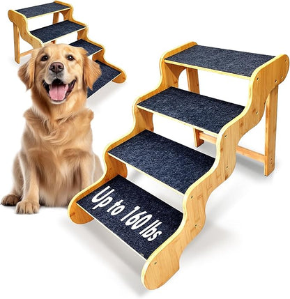 Dog Stairs for Large/Oldder Dogs,4 Steps Bamboo Wooden Pet Ramp for High Beds, Cars &amp; Couch Sofa - Supports Dog Up to 160 LB,20-inches High