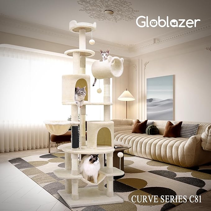 Globlazer Artistic Curved Cat Tower for Small Cats (Under 12 lbs), 81-inch Slim Design Cat Tree with Space-Saving Design, Indoor Cat Condo with Hammock &amp; Tunnel, C81, Beige, Non-Large Cats