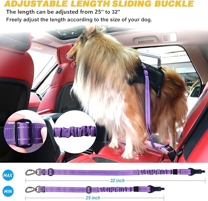AUBELL Dog Seat Belt for Car,2 Pack Set 3-in-1 Adjustable Reflective Bungee Heavy Duty Dog Car Harness Tether with Clip Hook Latch &amp; Buckle,Swivel Zinc Alloy Carabiner,Black+Purple