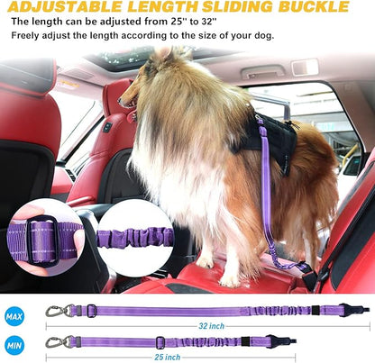 AUBELL Dog Seat Belt for Car,Updated 3-in-1 Adjustable Reflective Bungee Heavy Duty Dog Car Harness Tether with Clip Hook Latch &amp; Buckle,Swivel Zinc Alloy Carabiner,Purple