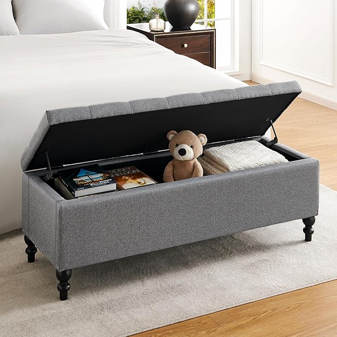 Ottoman with Storage,50.2-inch Upholstered End of Bed Storage Bench for Bedroom,for The Living Room,for Entryway, with Tray &amp; Button and Safety Hinges,Detachable (Grey)