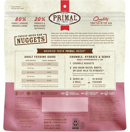 Primal Freeze Dried Raw Dog Food Nuggets, Turkey &amp; Sardine, Complete &amp; Balanced Meal, Also Use as Topper or Treat, Premium, Healthy, Grain Free, High Protein Raw Dog Food, 14 oz (Pack of 2)