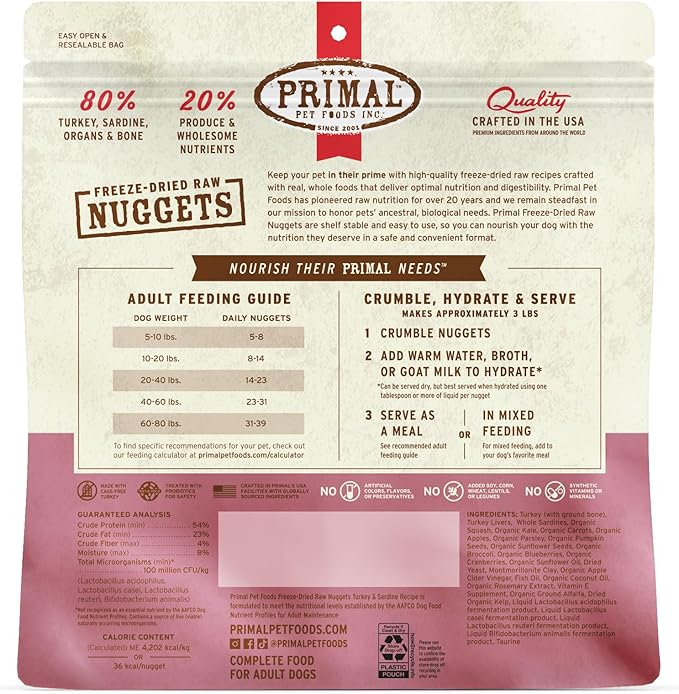 Primal Freeze Dried Raw Dog Food Nuggets, Turkey &amp; Sardine, Complete &amp; Balanced Meal, Also Use as Topper or Treat, Premium, Healthy, Grain Free, High Protein Raw Dog Food, 14 oz (Pack of 4)