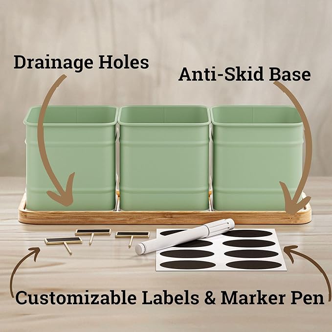 Herb Planter Indoor - 3 Iron Herb Pots with Drainage Holes, Varnished Bamboo Tray, Customizable Labels &amp; Marker Pen - Indoor Herb Garden Planter - 3 Pots for Herbs - Inside Spice Garden - Basil Pot