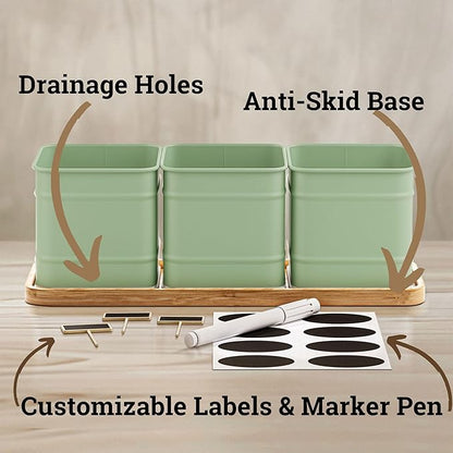 Herb Planter Indoor - 3 Iron Herb Pots with Drainage Holes, Varnished Bamboo Tray, Customizable Labels &amp; Marker Pen - Indoor Herb Garden Planter - 3 Pots for Herbs - Inside Spice Garden - Basil Pot