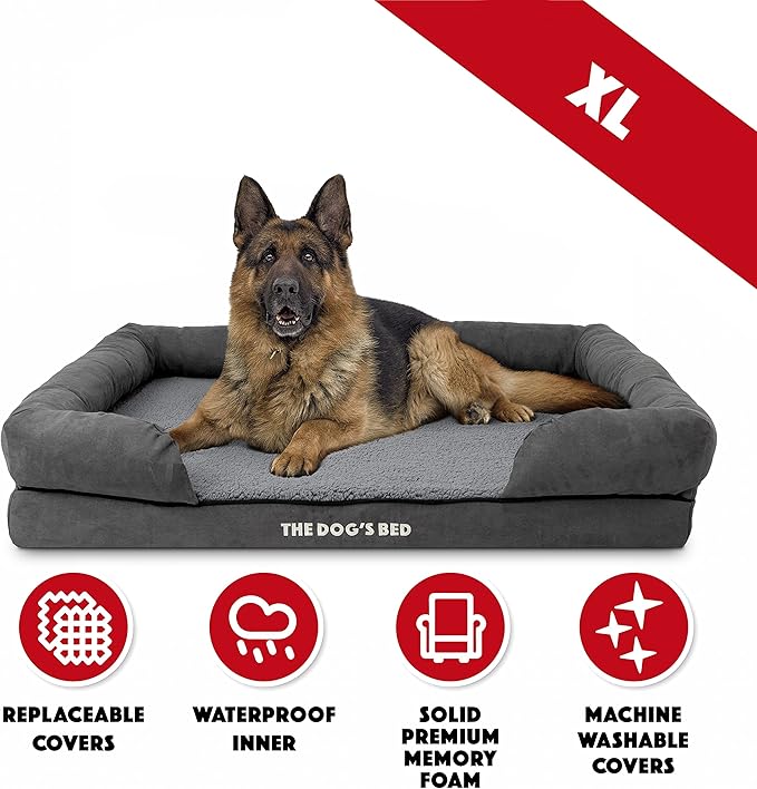 The Dog’s Bed, XL Grey Plush 43.5x34,Solid Memory Foam, Pain Relief: Arthritis, Hip &amp; Elbow Dysplasia, Post Surgery, Lameness, Supportive, Calming, Waterproof Washable Cover, Veterinary Approved