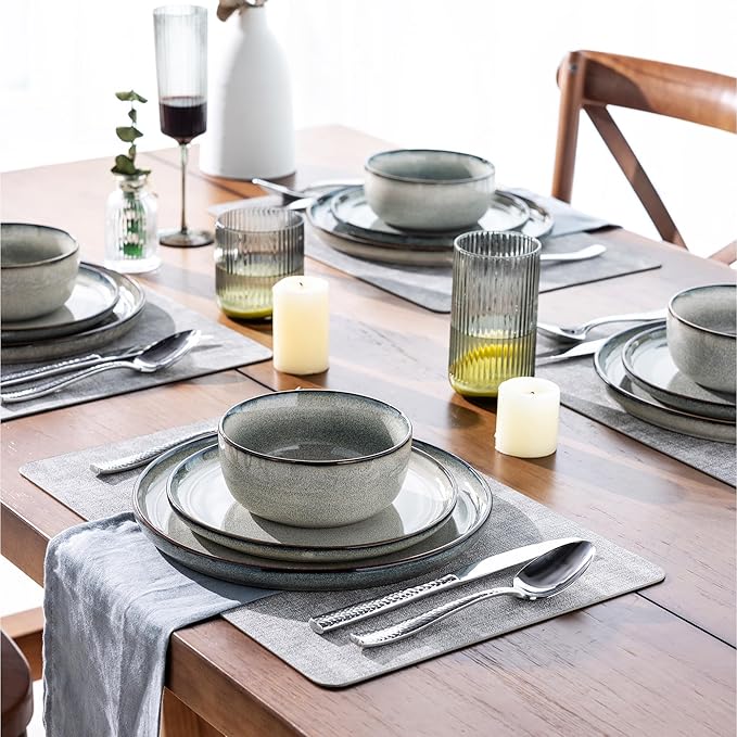 GBHOME Ceramic Dinnerware Sets for 8, 24 Pieces Stoneware Plates and Bowls Sets, Scratch Resistant Dishes, Dishwasher &amp; Microwave Safe, Reactive Glaze-Green Wheat