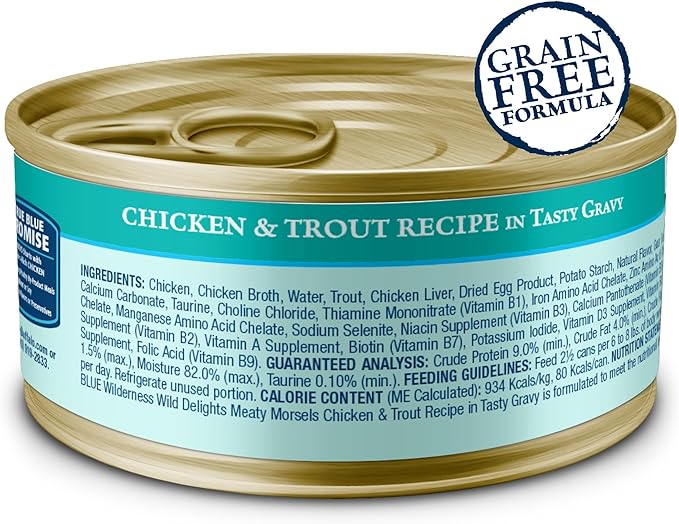 Blue Buffalo Wilderness Wild Delights Meaty Morsels Wet Cat Food, High-Protein &amp; Grain-Free, Made with Natural Ingredients, Chicken &amp; Trout Recipe in Tasty Gravy, 3-oz. Cans (24 Count)