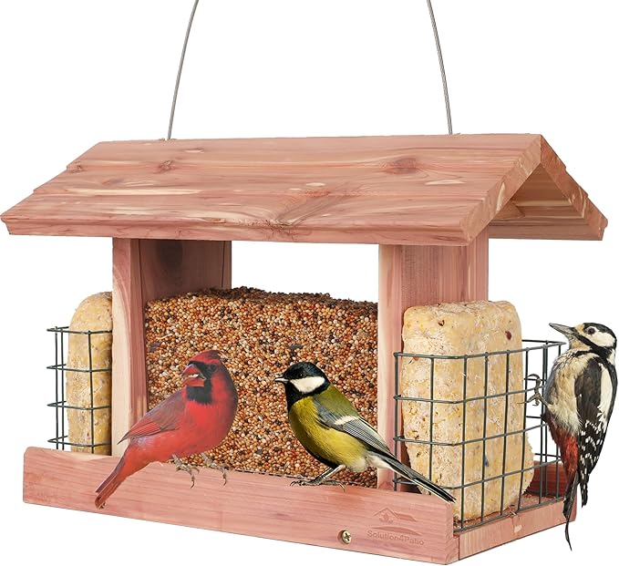 Solution4Patio US Cedar Hopper Bird Feeder for Outdoors Hanging, Handcrafted Wood Double Suet Cage &amp; Clear View Windows, Squirrel-Proof Wild Bird Feeder for Cardinals, Finches, Chickadees