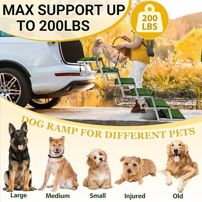 Dog Stairs for Car, Portable Folding Dog Ramps,Dog Steps for Large Dogs with Non-Slip Grass Rug for Cars, SUV, Trucks, Lightweight Pet Ramp Supports Up to 200 lb, 6 Steps