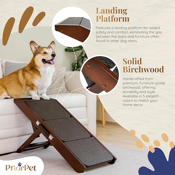 Dog Steps for Bed &amp; Couch 2-in-1 Dog Stairs/Ramp - Height Adjustable Dog Ramp for Couch 7” - 20” - Pet Stairs, Dog Stairs for Small Dogs - Easy to Move Pet Steps with Landing Platform, Walnut