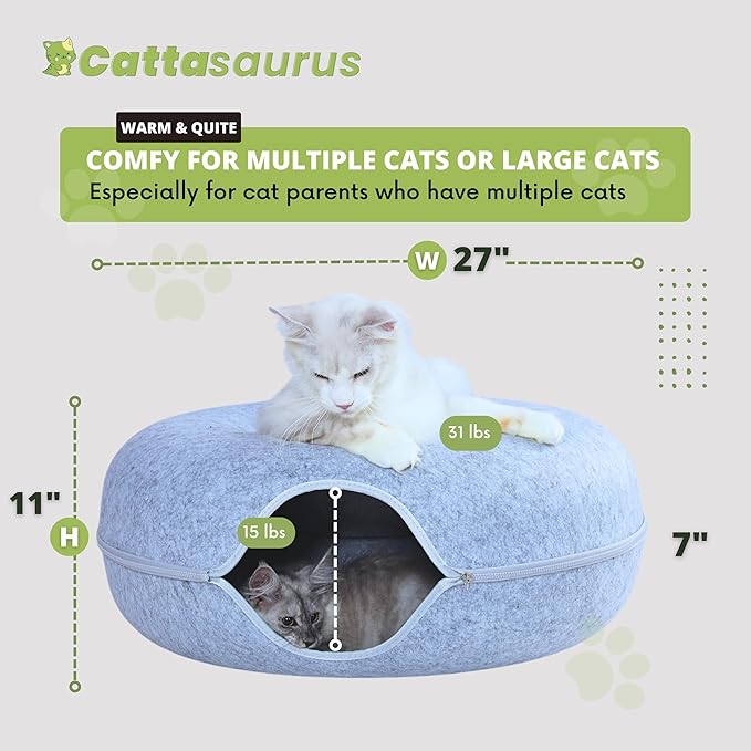 CATTASAURUS Peekaboo Cat Cave for Multiple &amp; Large Cats Up to 30-45 Lbs, Scratch Detachable &amp; Washable Tunnel Bed, Comfy Donut Cat Cave (Light Gray, Jumbo)