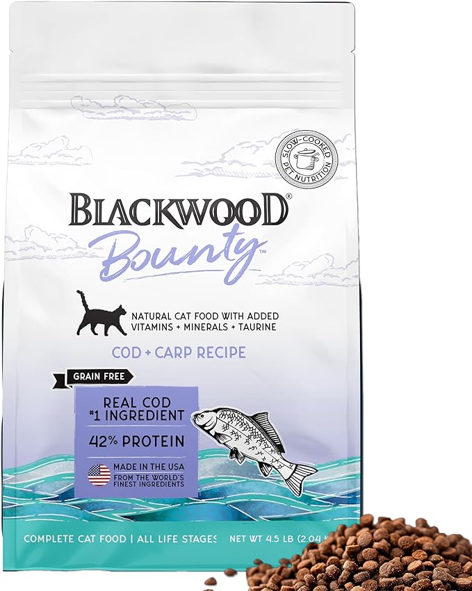 Blackwood Bounty Dry Cat Food, Cod &amp; Carp Recipe for All Life Stages, 4.5 Pound Bag, High Protein, Grain Free