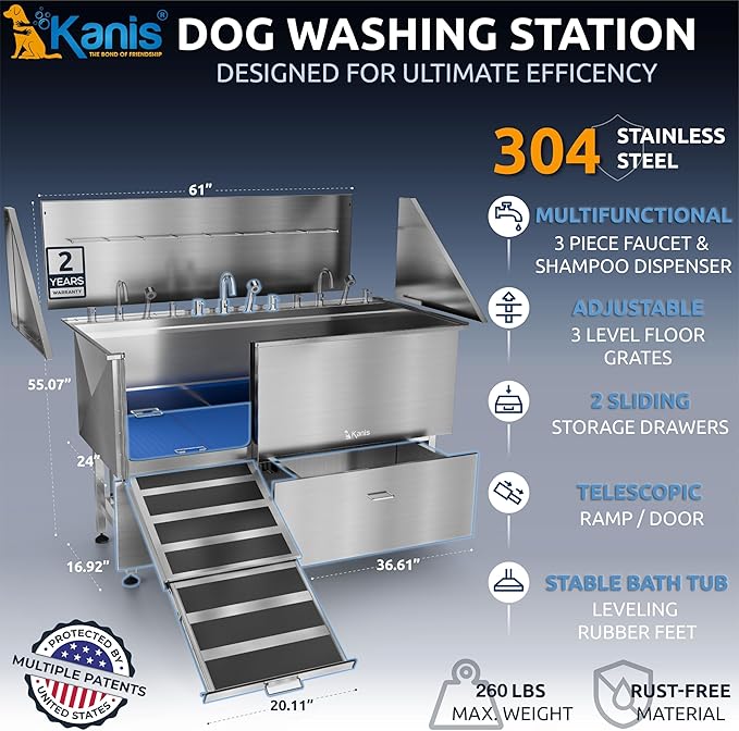 KANIS Professional Dog Washing Station - 304 Stainless Steel Pet Wash Sink &amp; Grooming Bath Tub for Home with Ramp, Shower, Floor Grate, Storage Drawers, and Faucet for Large, Medium &amp; Small Pets