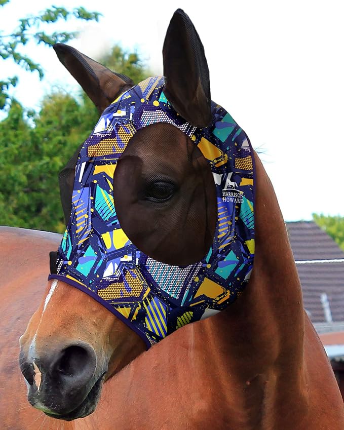 Harrison Howard Super Comfort Stretchy Fitting Horse Fly Mask with UV Protection Soft on Skin with Breathability Graffiti Mix Pony