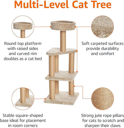 Amazon Basics Cat Tree - Indoor Cat &amp; Kittens Multi-Level Climbing Activity Tower with Scratching Posts, Large (45.9"H) - Beige
