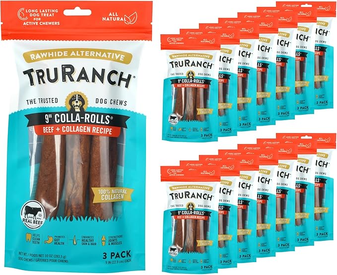 Collagen Rolls - 9" Collagen Rolls for Dogs - Long Lasting Healthy Joint Support - Rawhide Alternative - Skin &amp; Coat Health - Made with Real Beef, Value Pack, 15 Bags, 45 Count