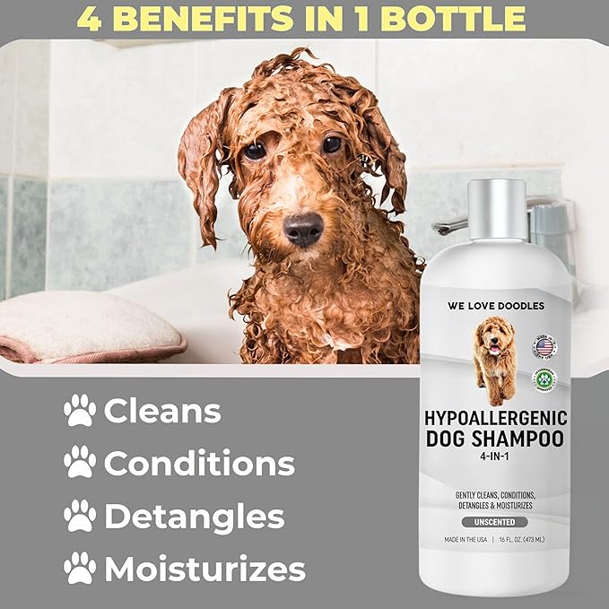 Hypoallergenic Dog Shampoo, Conditioner, and Detangler | Made in USA | Eco-Friendly Ingredients | Shampoo for Dogs with Sensitive Skin &amp; Allergies | 16 OZ [We Love Doodles]