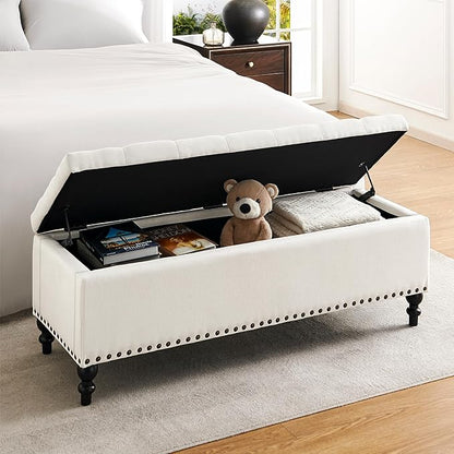 Ottoman with Storage,50.2-inch Upholstered End of Bed Storage Bench for Bedroom,for The Living Room,for Entryway, with Rivets &amp; Button and Safety Hinges,Detachable (White)