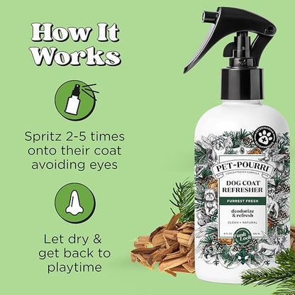Poo-Pourri Furrest Fresh Dog Deodorizing Spray, 8 Fl Oz Grooming Perfume for Dog Coat, Pet Odor Neutralizer with Essential Oils, Vet Recommended, Paraben &amp; Sulfate-Free Fir, Amber, &amp; Cedarwood Scent