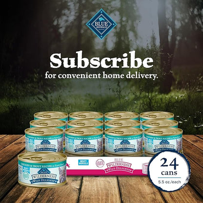 Blue Buffalo Wilderness Wild Delights Meaty Morsels Wet Cat Food, High-Protein &amp; Grain-Free, Made with Natural Ingredients, Chicken &amp; Trout Recipe in Tasty Gravy, 3-oz. Cans (24 Count)