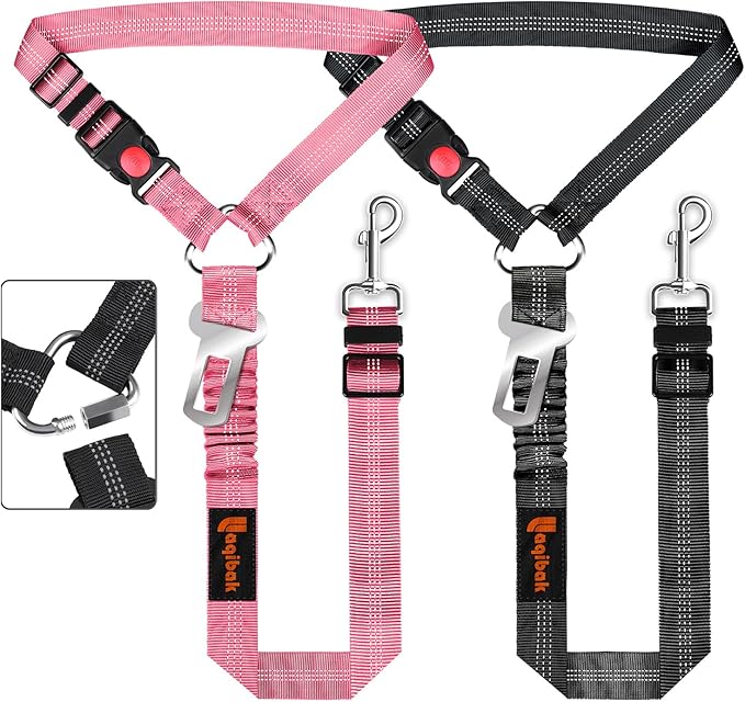 Removable Dog Seat Belt Harness for Car, 3 in 1 Pet Dog Car Seatbelt Leash, Retractable Restraint Secures to Vehicle Headrest &amp; Adjustable Reflective Bungee Dog Seatbelt Tether, Pink and Black