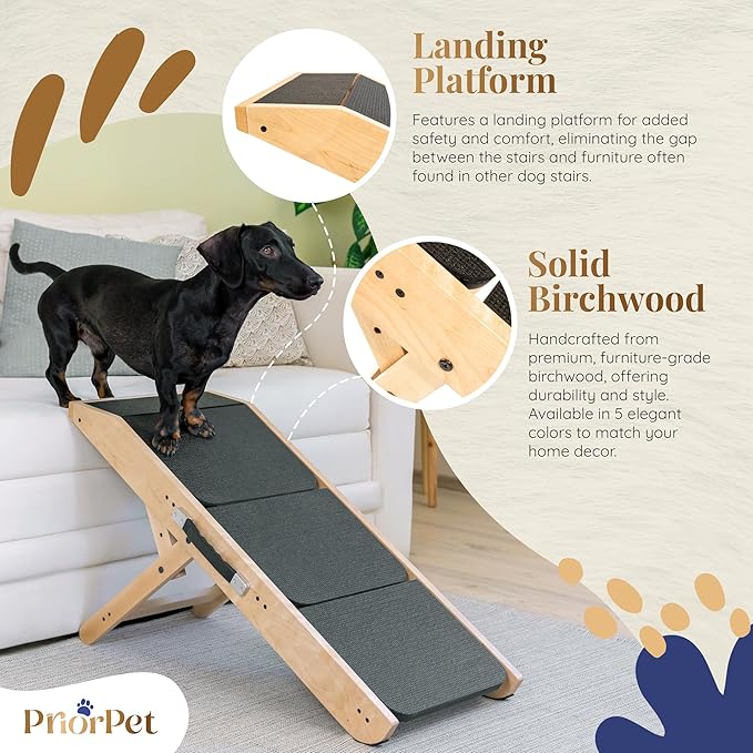 Dog Steps for Bed &amp; Couch 2-in-1 Dog Stairs/Ramp - Height Adjustable Dog Ramp for Couch 7” - 20” - Pet Stairs, Dog Stairs for Small Dogs - Easy to Move Pet Steps with Landing Platform, Natural