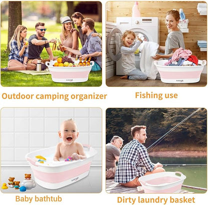 Collapsible Dog Bath Tub for Small Dogs &amp; Cats, Portable Puppy Bath Tub with Water Drain Plug, Space Saving Foldable Pet Bathtub for Indoor &amp; Outdoor Use, Pink