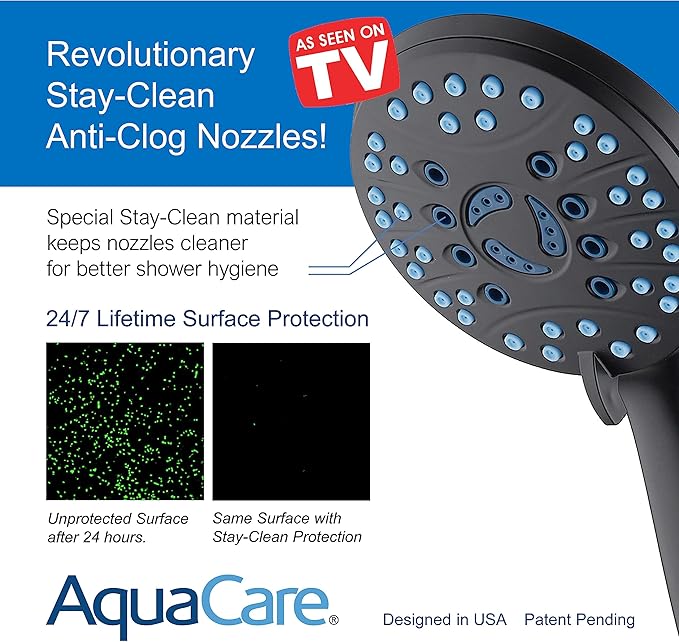 AquaCare High Pressure 8-mode Handheld Shower Head - Anti-clog Nozzles, Built-in Power Wash to Clean Tub, Tile &amp; Pets, Extra Long 6 ft. Stainless Steel Hose, Wall &amp; Overhead Brackets