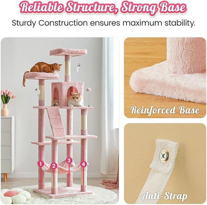 MWPO 70.1-Inch Pink Large Cat Tree, Multi-Level Tall Cat Tower for Indoor Cats, Plush Cat Condo with Big Padded Perches, Sisal-Covered Scratching Posts, Hammock, Toys for Kittens &amp; Cats