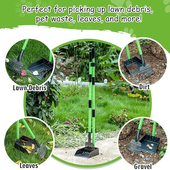 MXF Dog Pooer Scooper Set, 2 in 1 Pet Poop Scooper with Long Handle 28" Dog Poop Picker Upper and Stainless Metal Tray &amp; Rake for Medium &amp; Small Dogs, Heavy Duty for Grass, Dirt, Gravel