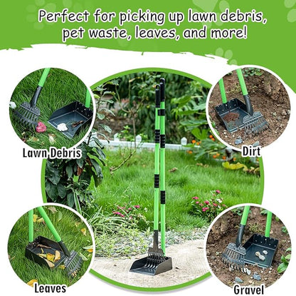 MXF Dog Pooer Scooper Set, 2 in 1 Pet Poop Scooper with Long Handle 28" Dog Poop Picker Upper and Stainless Metal Tray &amp; Rake for Medium &amp; Small Dogs, Heavy Duty for Grass, Dirt, Gravel