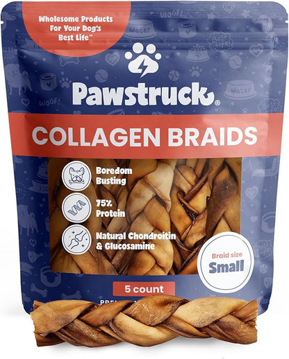 Pawstruck Natural 5-7” Beef Collagen Braids for Dogs – Long-Lasting Rawhide &amp; Bully Stick Alternative, with Chondroitin &amp; Glucosamine – 5 Pack