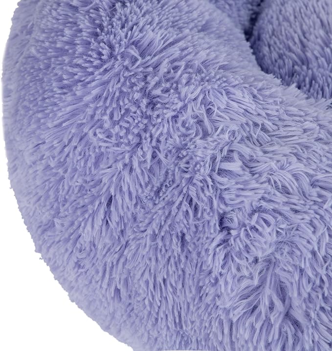 Best Pet Supplies Round Donut Dog Bed with Plush Faux Fur Fabric, Calming, Anti-Anxiety Cushion for Indoor Pets, Slip-Resistant Base, Soft Ergonomic Support - Lavender, 20x20x6&
