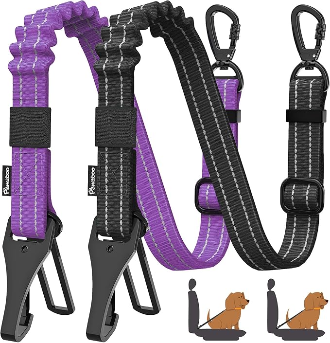 Pawaboo 2Pack Dog Seatbelt for Car, Dog Car Seat Belt Bungee, Shockproof Dog Tether for Car with Buckle &amp; Hook Latch, Adjustable Reflective Dog Car Harness Leash with 360° Lockable Buckle, Purple