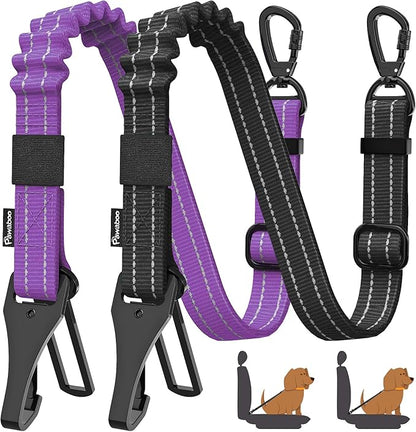 Pawaboo 2Pack Dog Seatbelt for Car, Dog Car Seat Belt Bungee, Shockproof Dog Tether for Car with Buckle &amp; Hook Latch, Adjustable Reflective Dog Car Harness Leash with 360° Lockable Buckle, Purple