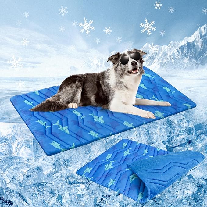 BEAUTYZOO Dog Cooling Mat- Upgraded Thicken Cooling Mat for Large Dogs Reversible(Cool &amp; Warm) Pet Ice Cool Bed Washable &amp; Portable, Summer Crate Pad for Big Dog Puppy Up to 80 lbs, Shark Blue 48X28IN