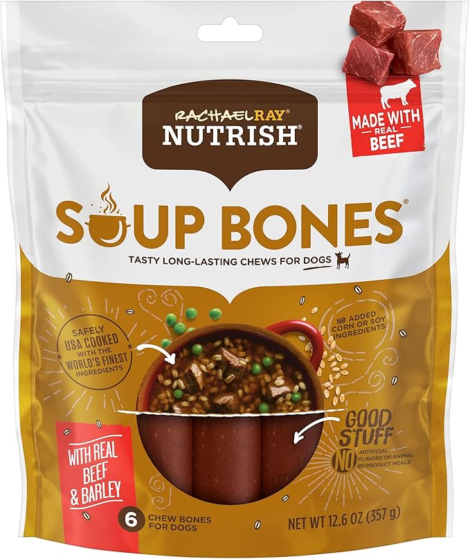 Rachael Ray Nutrish Soup Bones Dog Treats, Beef &amp; Barley Flavor, 6 Bones