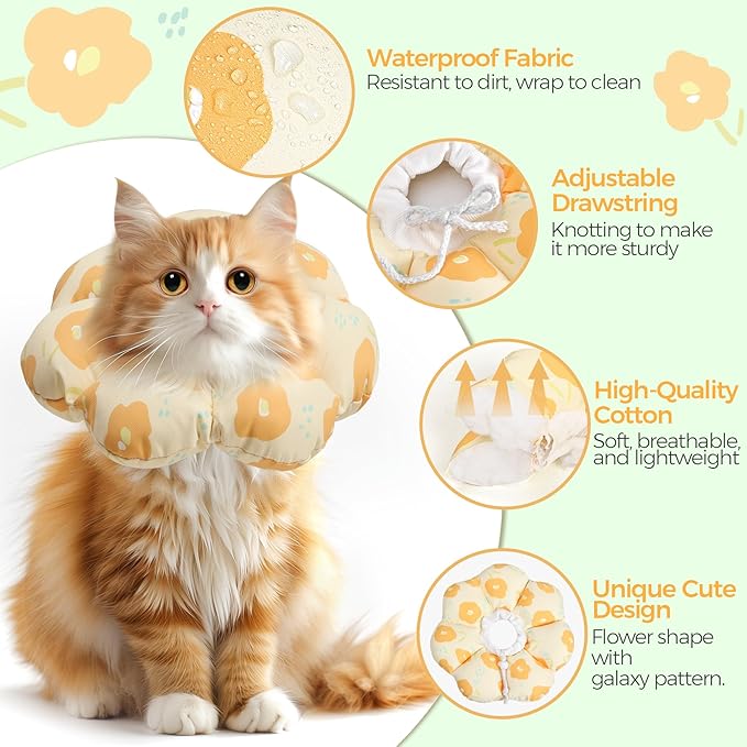 ComSaf Cat Cone Collar Soft - Cat E Collar Cones to Stop Licking, Recovery Elizabethan Collar for Cats After Surgery, Soft Cone for Medium Cats, Waterproof &amp; Lightweight, Yellow Flower, M