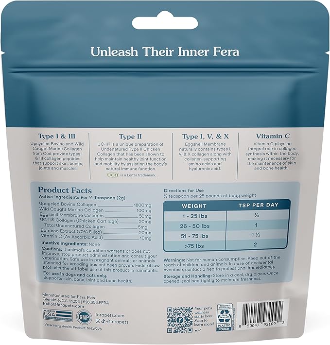Fera Pets Cat &amp; Dog Collagen Powder - Bone, Gut, Joint and Skin Supplement - 5 Types of Collagen + Clinically Studied UC-II® - 4.23 oz