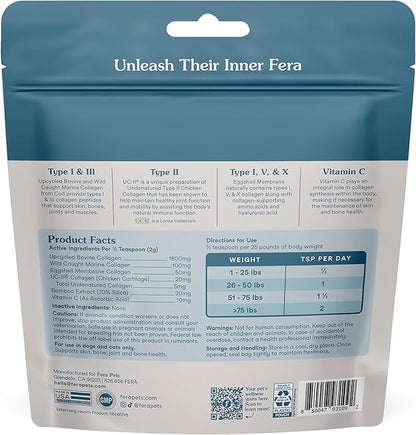 Fera Pets Cat &amp; Dog Collagen Powder - Bone, Gut, Joint and Skin Supplement - 5 Types of Collagen + Clinically Studied UC-II® - 4.23 oz