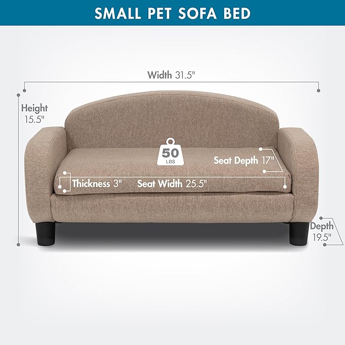 Paws &amp; Purrs Cat Sofa Bed, Pet Couch for Indoor Cats Elevated Cat Beds with Removable Washable Mattress Cover for Kitten, Puppy or Small Animal- 31.5" Wide, Sand