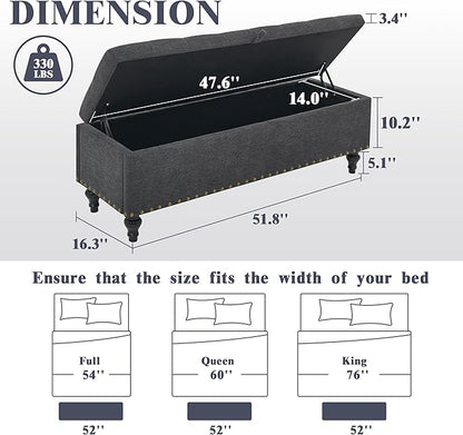 Mangodan51” Linen End of Bed Storage Bench, Tufetd Upholstered Storage Ottoman Bench with Safety Hinge, 330 lb Large Ottoman with Storages for Living Room, Entryway &amp; Bedroom, Window Benches, Grey