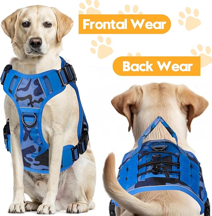 Heavy-Duty Tactical Dog Harness for Large Dogs, No Pull Adjustable Reflective Pet Vest with Molle System, K9 Military-Grade Control for Service Training, Outdoor &amp; 10+ Breeds, Blue Camo, Medium