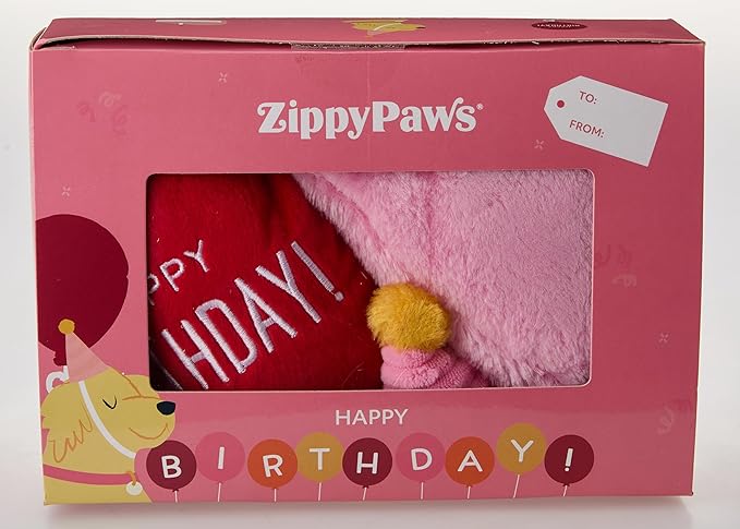 ZippyPaws Birthday Box - Dog Squeaky Toys to Keep Them Busy, Funny Food Plush for Small, Medium, &amp; Large Dogs, Cute Stuffed Puppy Toy &amp; Hat, Pet Products, Gift for Dogs of All Breeds - 3-Pack, Pink
