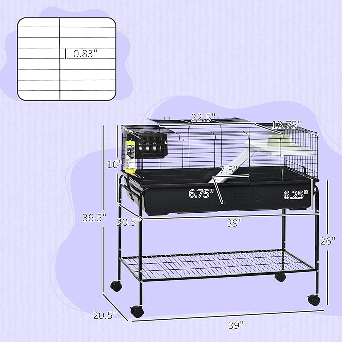 PawHut Two-Story Small Animal Cage Removable from Stand, Guinea Pig Cage with Shelf &amp; Wheels, Pet Habitat for Hedgehog, Chinchilla, Ferret, 39" x 20.5" x 36.5", Black